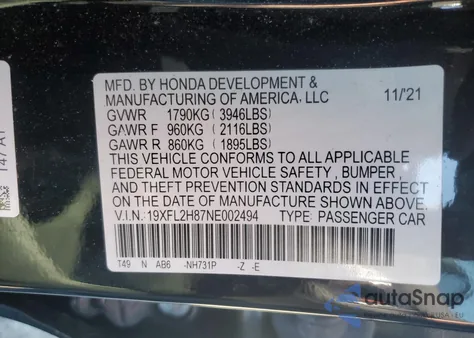 2022 Honda Civic Sport z USA, uszkodzony, nr VIN 19XFL2H87NE002494